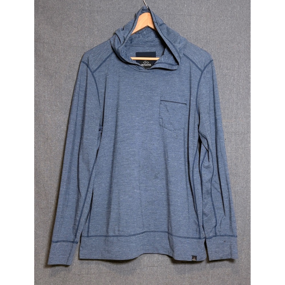 Prana Mens L Blue Striped Lightweight Hoodie Long Sleeve Pullover Chest Pocket